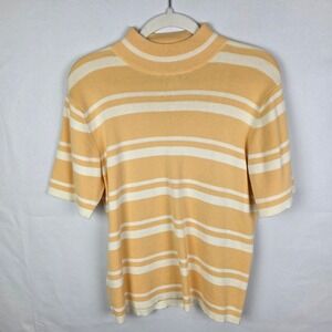 Pendleton‎ Womens XL Yellow White Striped Mock Neck Short Sleeve 100% Cotton Top